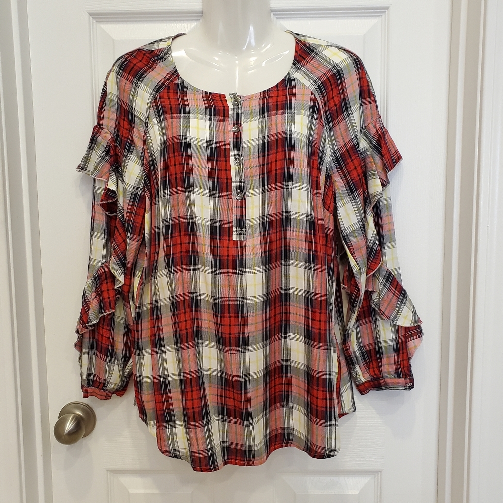 Splendid Plaid Button Front Ruffle Sleeve Top - Picture 2 of 14